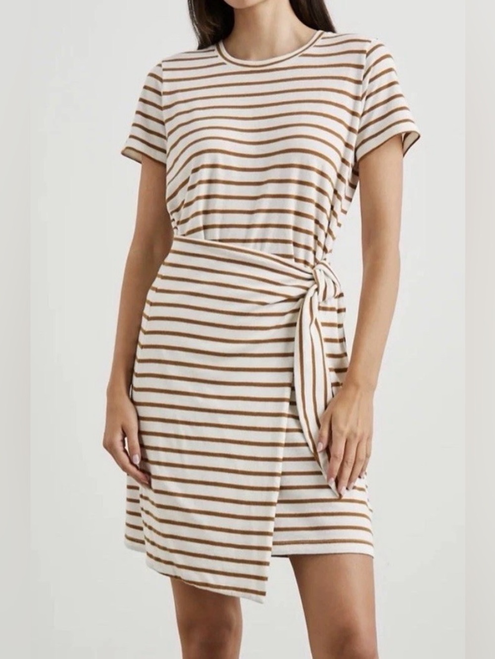 Rails Edie Dress Carmel Stripe Cream Brown Tie-Waist Wrap 100% Cotton Caramel